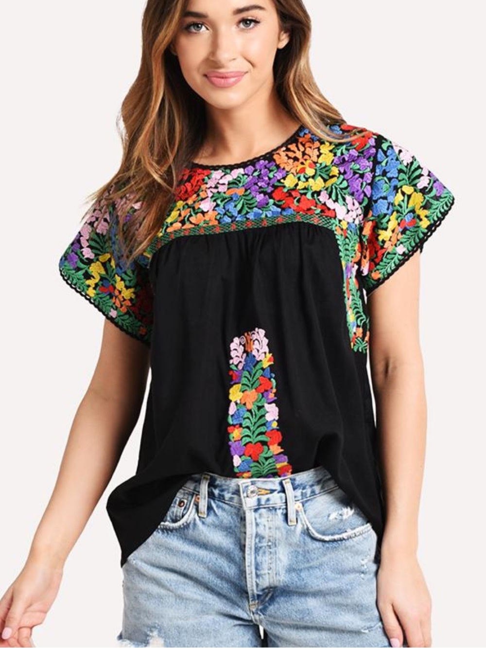 J. Marie Christina Embroidered Top Size Medium Black Floral Multicolor